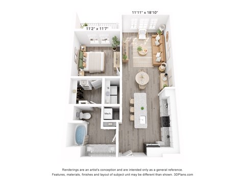 Floor plan for 1 bed, 1 bath, 758 sqft